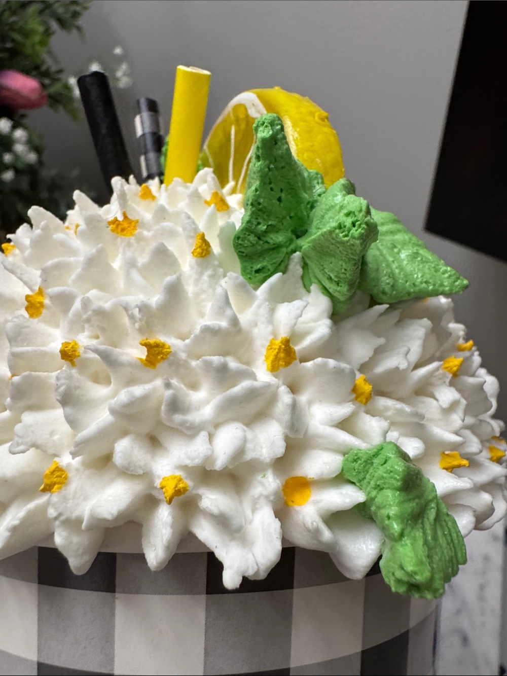 Faux White Floral Decor with Lemon Slice and Green Leaves - fake - Picture 6 of 8